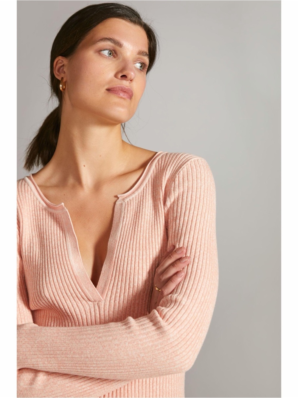 Anthropologie Peach Ribbed V-Neck Midi Dress